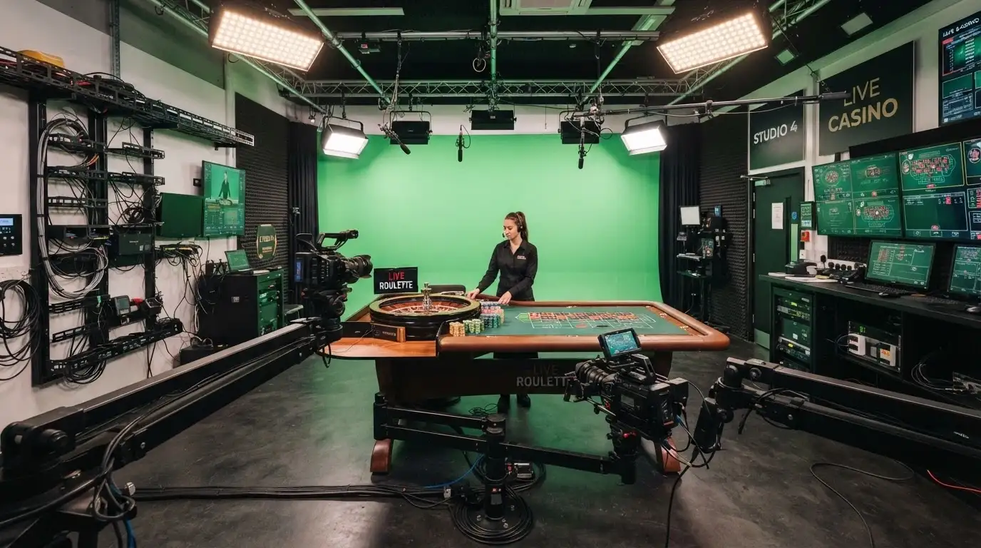 Plano general de un estudio de casino en vivo con múltiples cámaras, pantallas verdes de bluescreen y un crupier preparando una mesa de ruleta