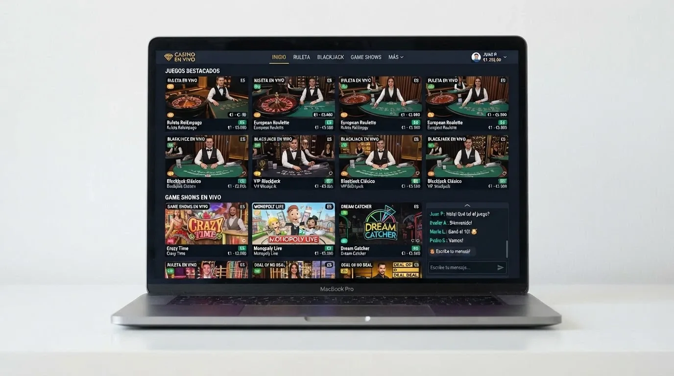 Captura de un lobby de casino en vivo con miniaturas de mesas de ruleta, blackjack y game show, y el chat del crupier visible en una de ellas