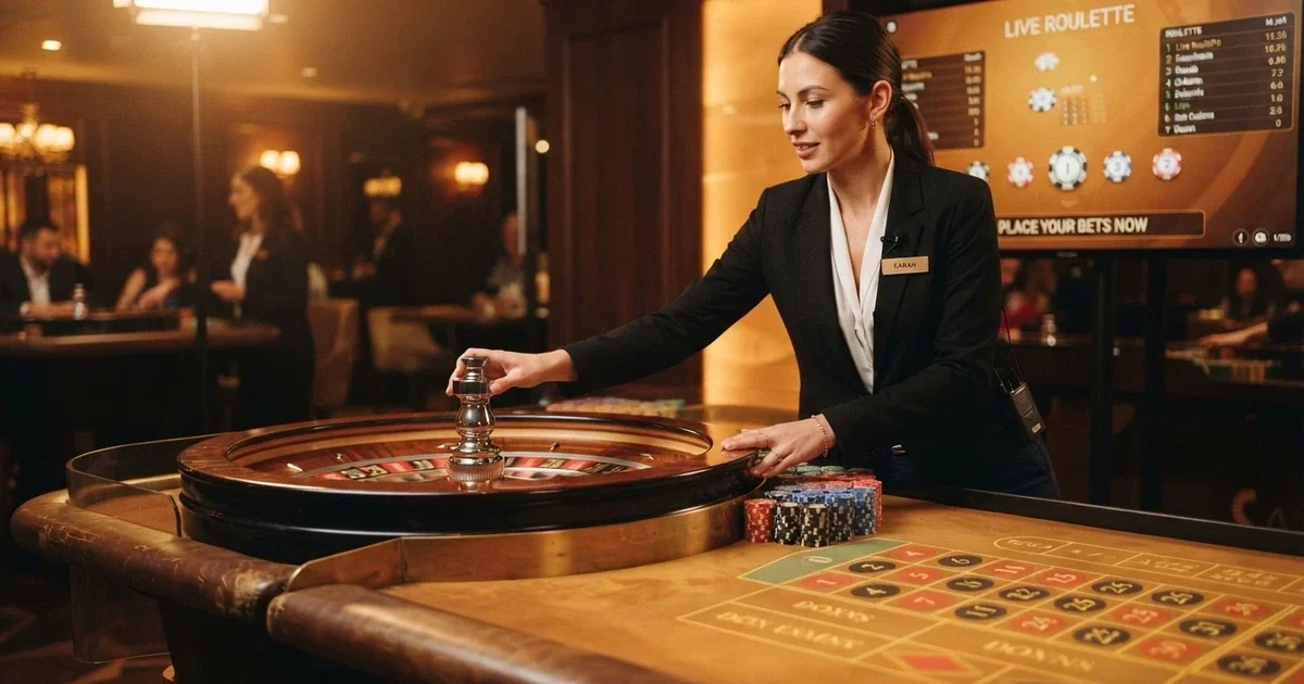 Crupier real girando una ruleta física en un estudio de casino en vivo con iluminación cálida y pantalla de apuestas visibles